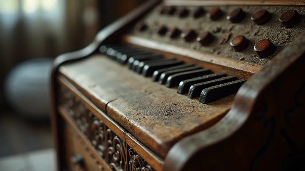 Antique accordion covered in dust