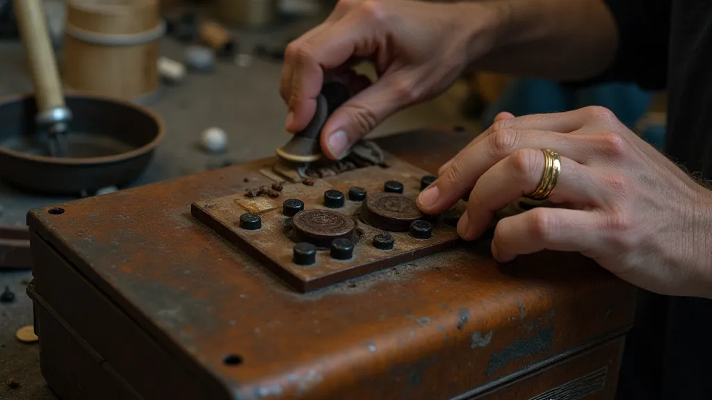 Close-up of hands inspecting an accordion reed plate.