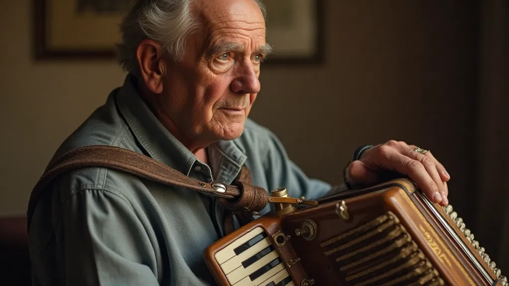 Man holding a vintage accordion