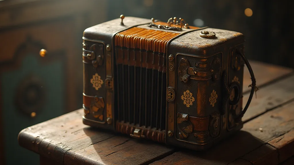 Antique accordion on a wooden table