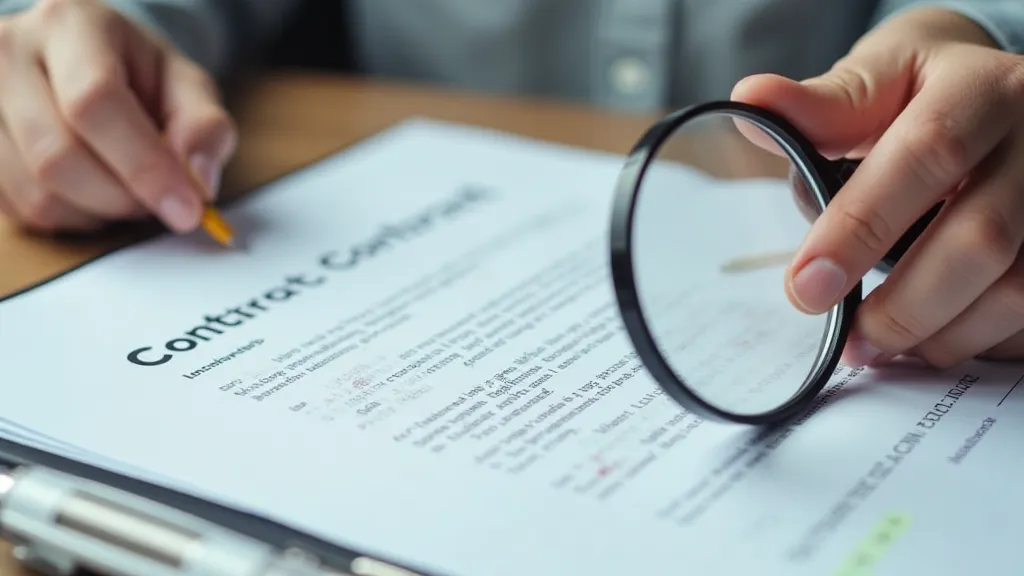 Hand reviewing a contract with a magnifying glass.