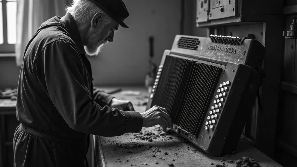 Lighthouse keeper restoring an accordion