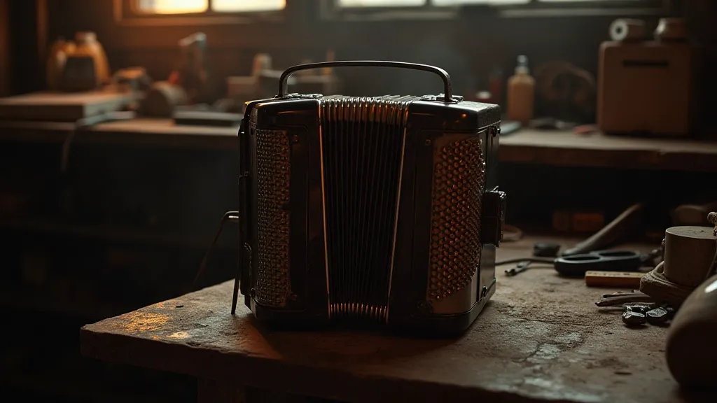 Antique accordion in a dimly lit workshop