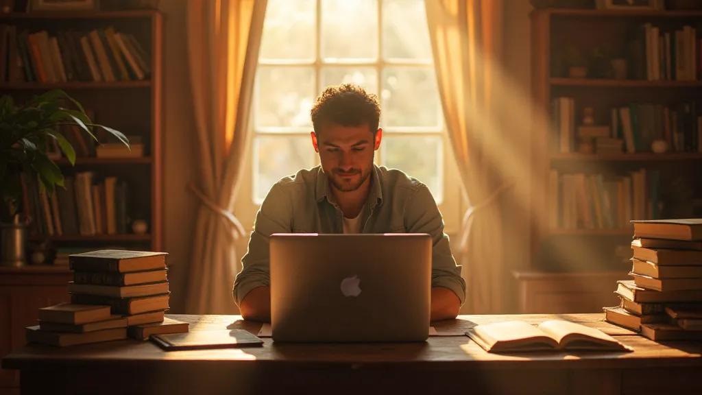 Writer at a desk surrounded by books and a laptop.
